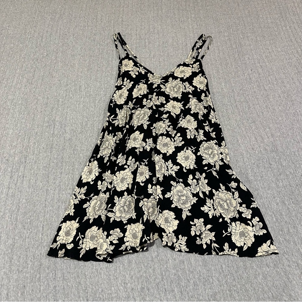 Brandy Melville Black and Cream Floral Slip Dress- One Size